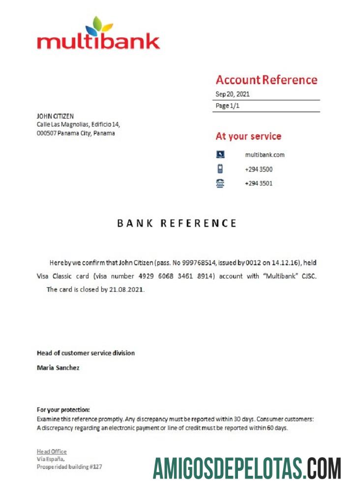 Referência de fechamento multibanco do Panamá exemplo